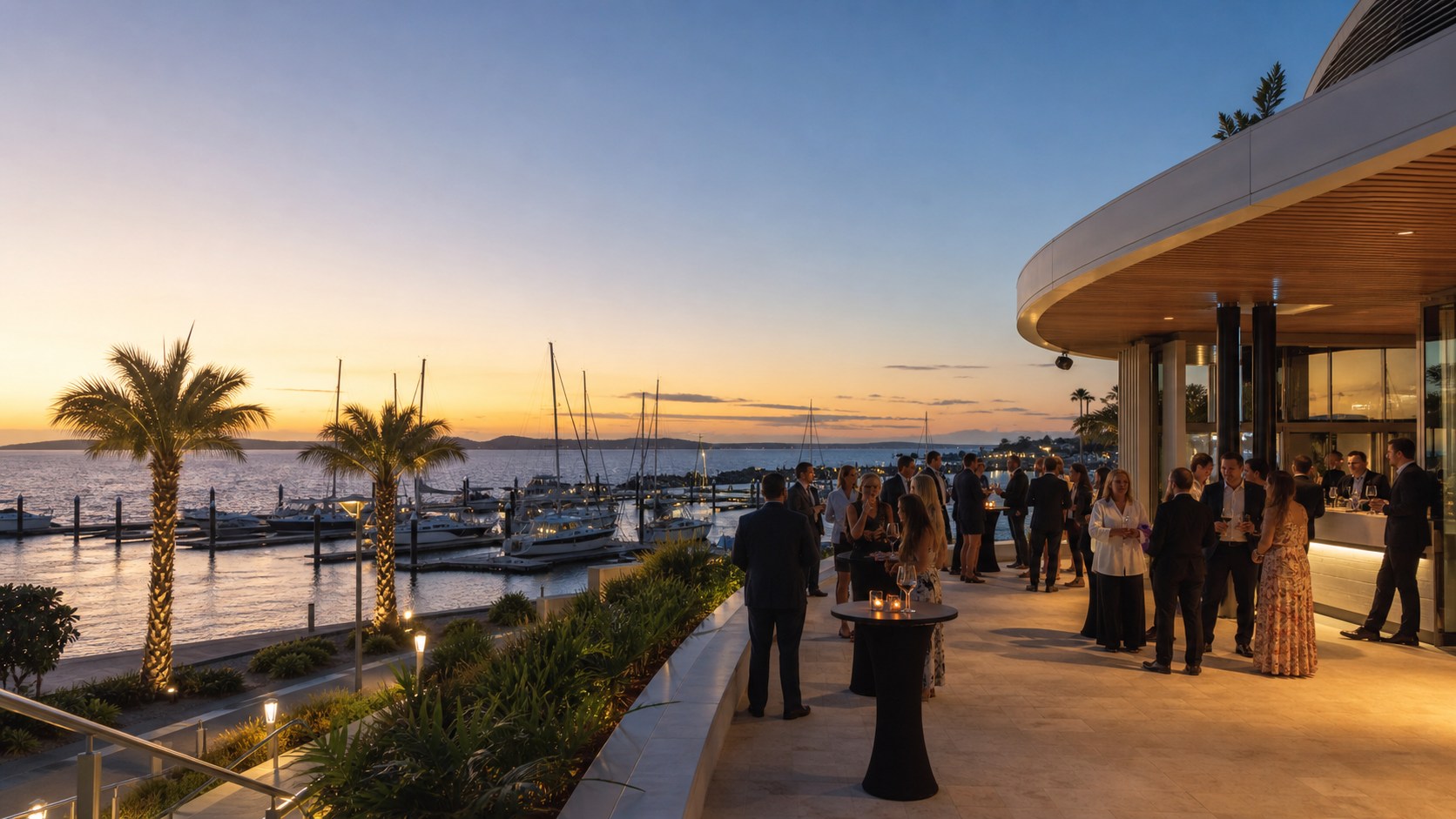 An elegant yacht-club reception on a marina terrace at sunset