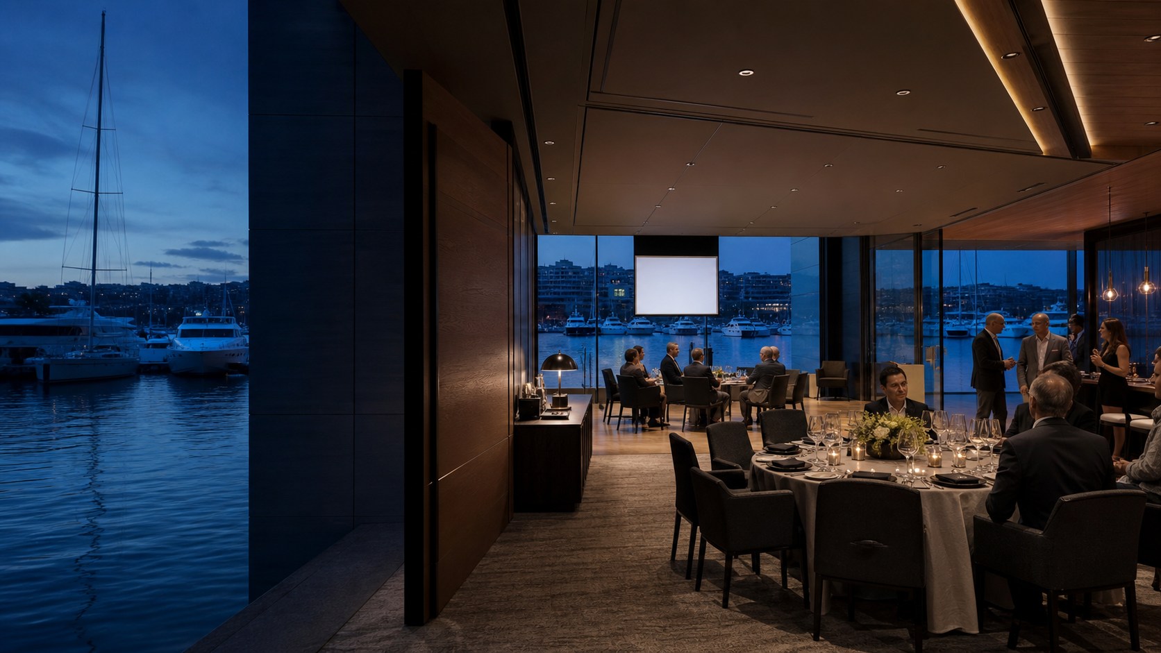 A discreet corporate dinner and presentation overlooking the marina